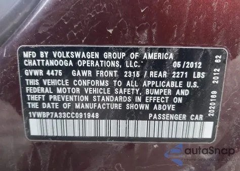 2012 Volkswagen Passat 2.5L Se z USA, uszkodzony, nr VIN 1VWBP7A33CC091948